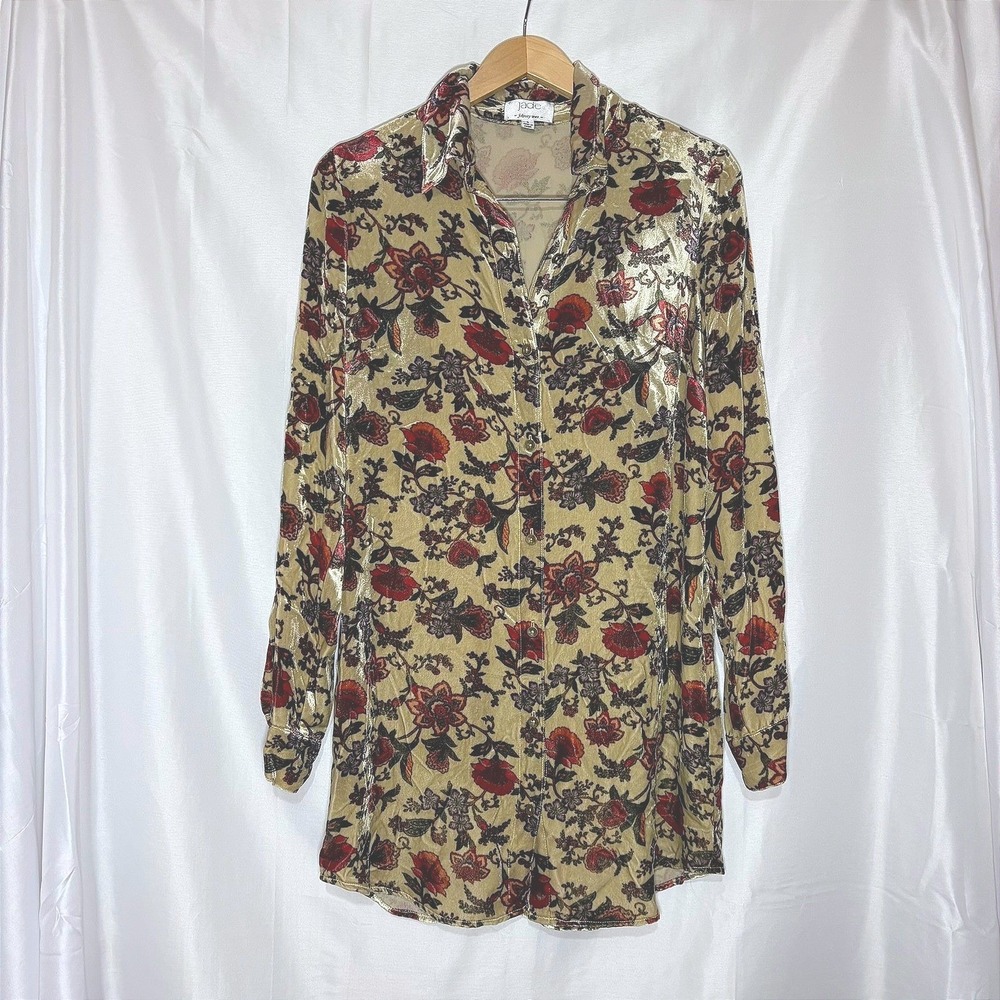 Jade by Johnny Was Floral Silk Blend Velvet Button Down Tunic Top Gold Red Small